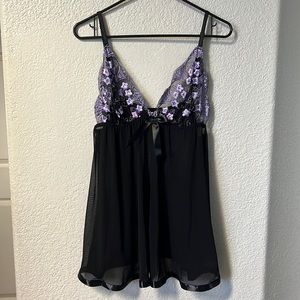 Vintage mesh purple embroidered floral lingerie babydoll dress